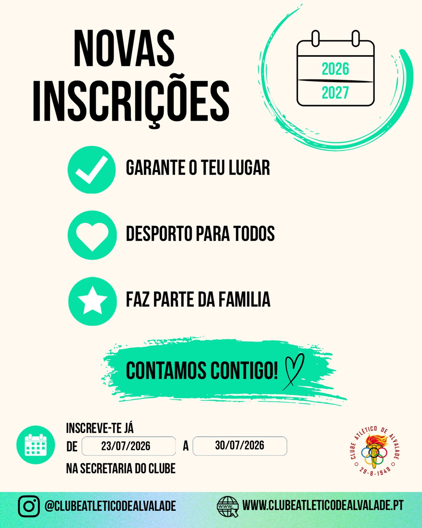 A contagem decrescente começou! ✨

A partir de 23 de julho, abrem as inscrições para a época 2026/2027.

Prepara-te para fazer parte da família CAA! 💚