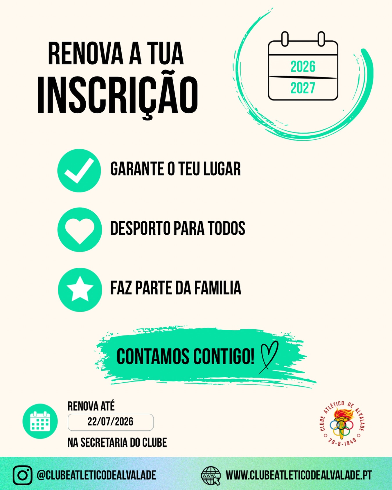 ✨ O próximo desafio começa agora!

As renovações para a época 2026/2027 já estão abertas. Garante o teu lugar e continua a fazer parte da família CAA.

Visita já o nosso site! 🤍